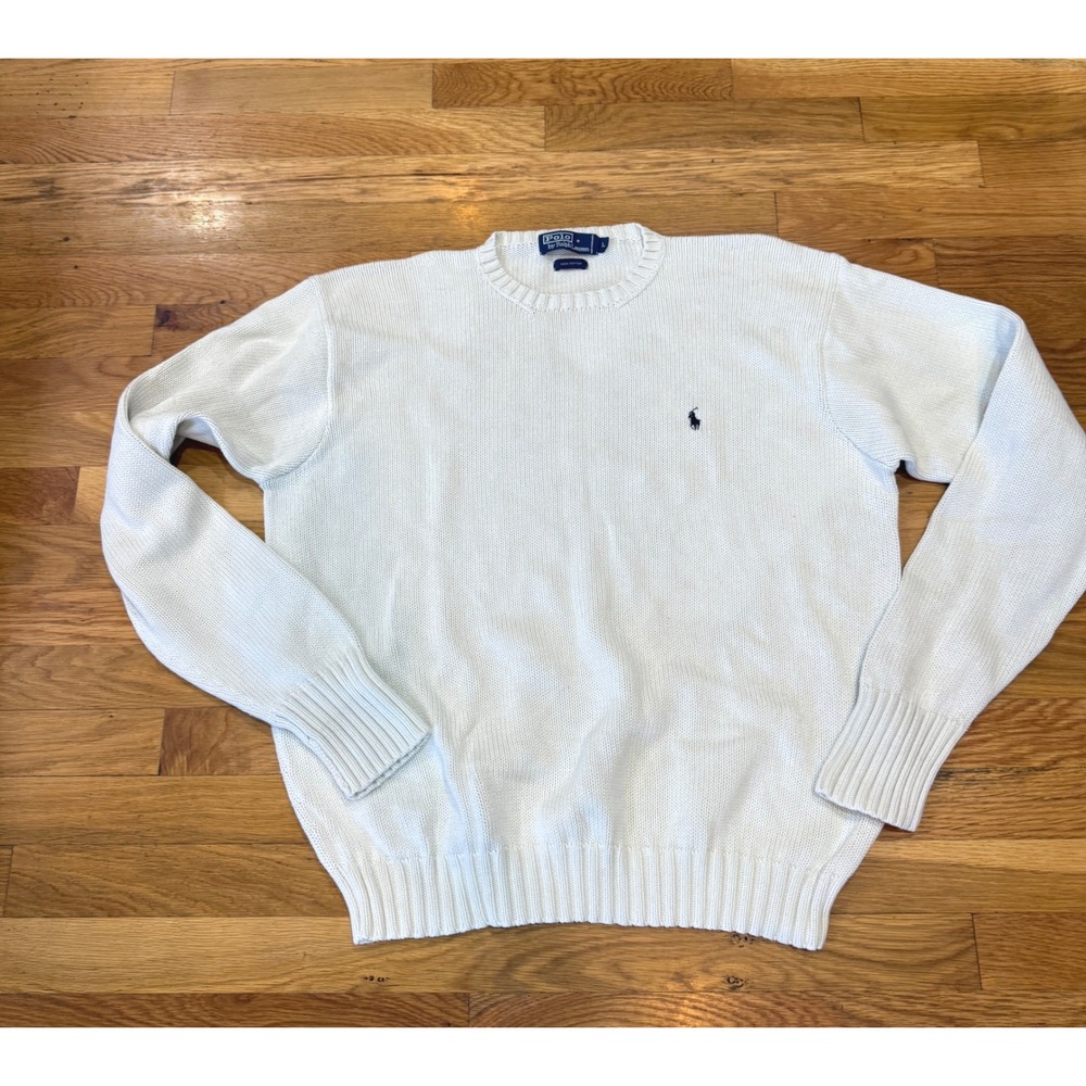 Polo Ralph Lauren Mens Cream White Cotton Knit Crewneck Sweater Size Large Logo